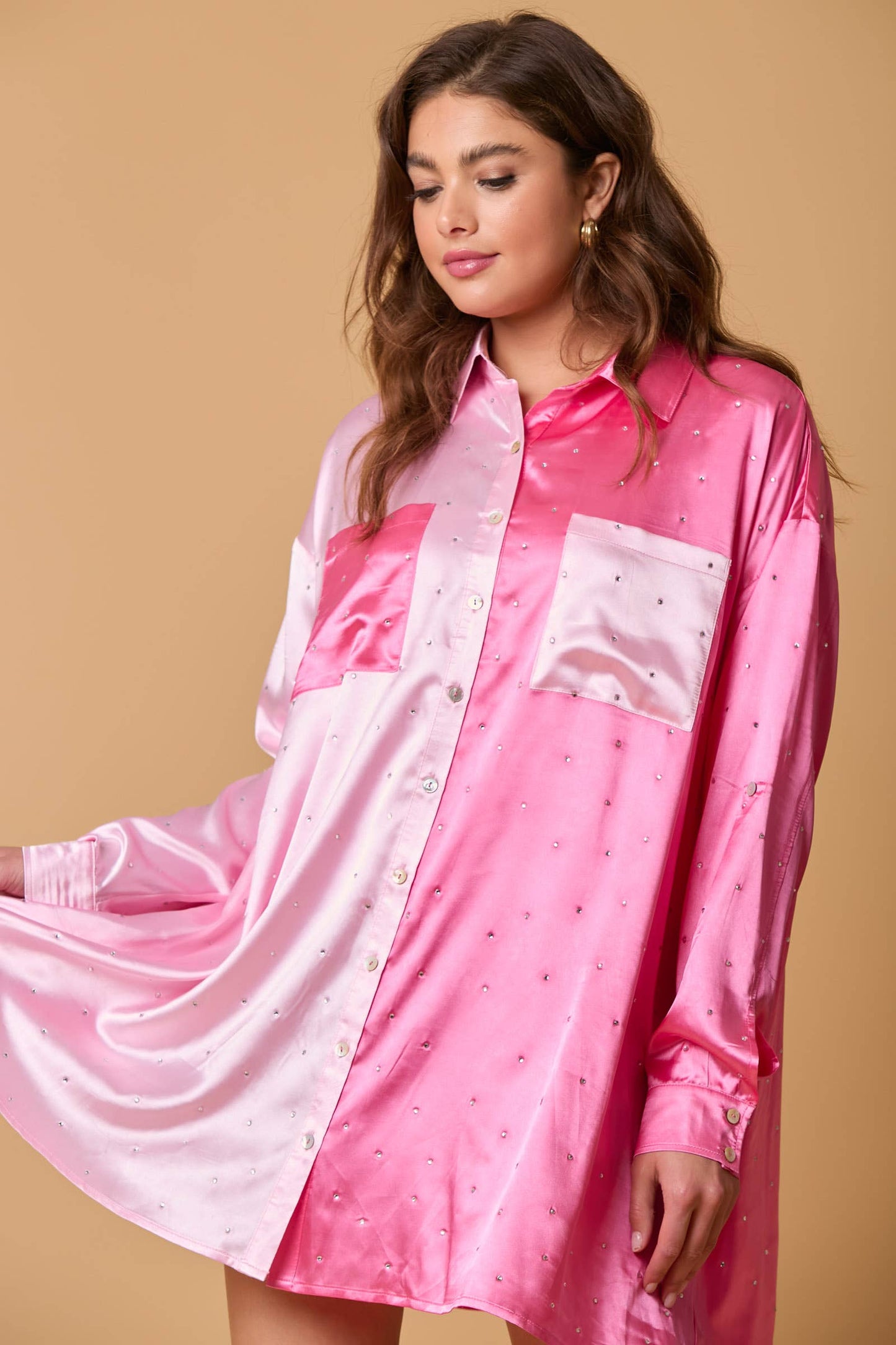 Satin Rhinestone Embellished Shirt Dress