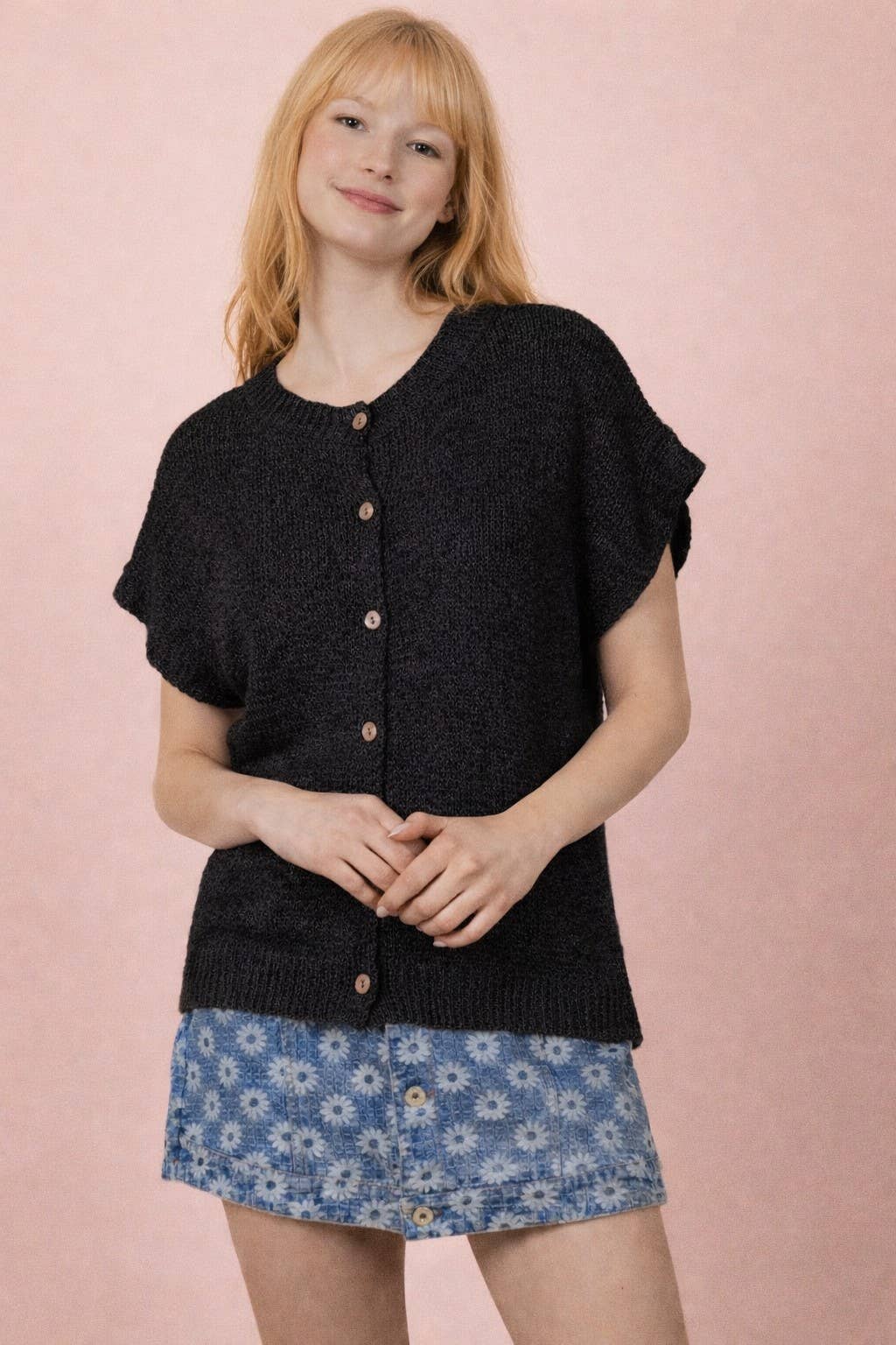 12W3653N-Button Down Solid Knit Summer Sweater Top