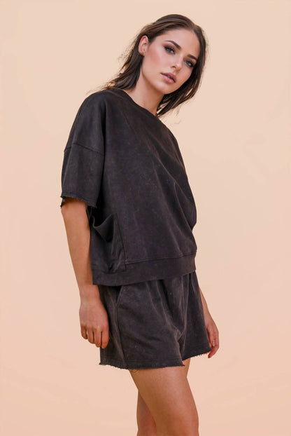 NT12429SET-Mineral Washed Knit Casual Top & Shorts