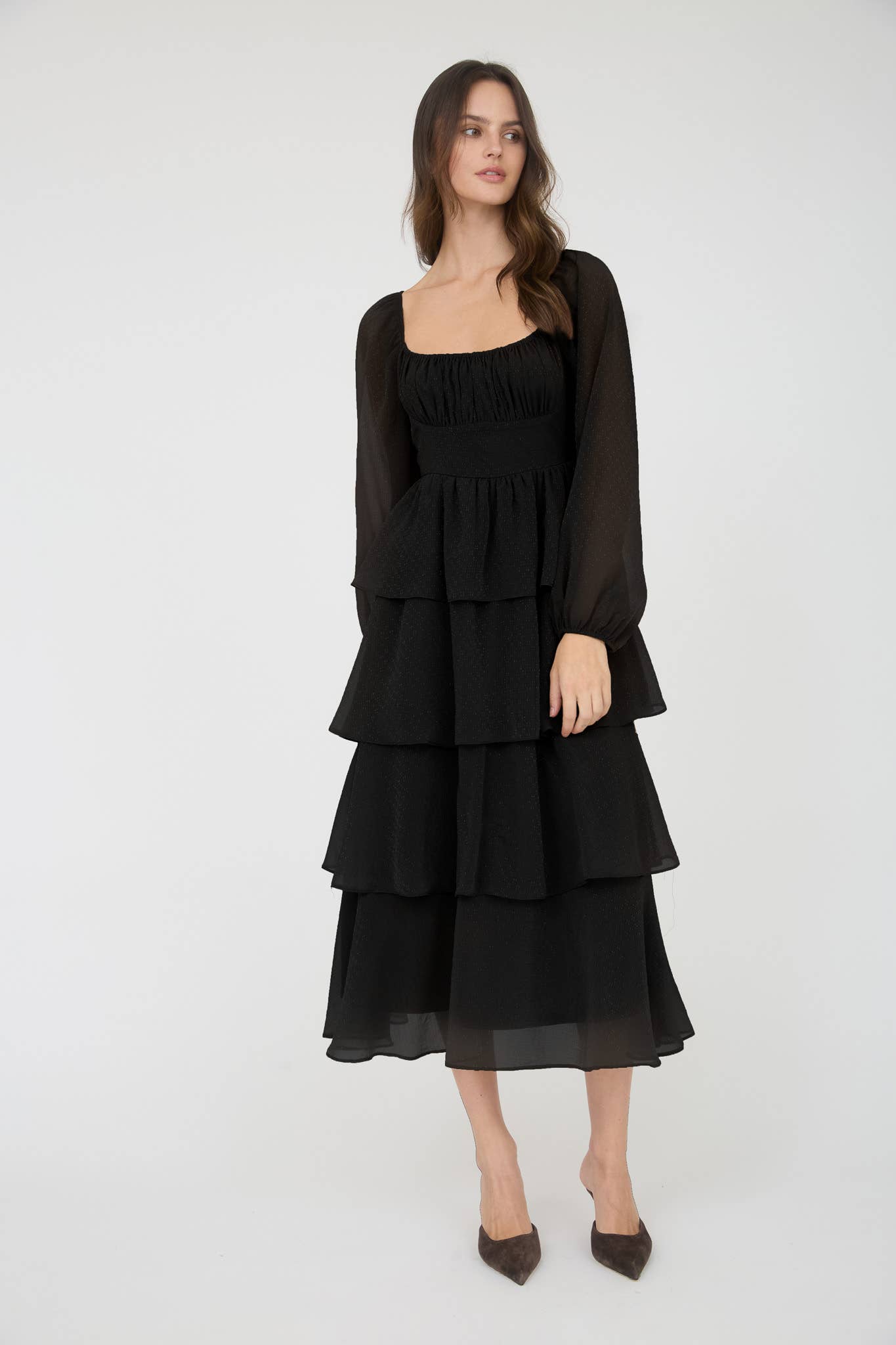 LUREX RUFFLE TIERED LONG SLEEVE MIDI DRESS