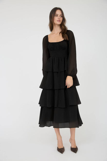 LUREX RUFFLE TIERED LONG SLEEVE MIDI DRESS