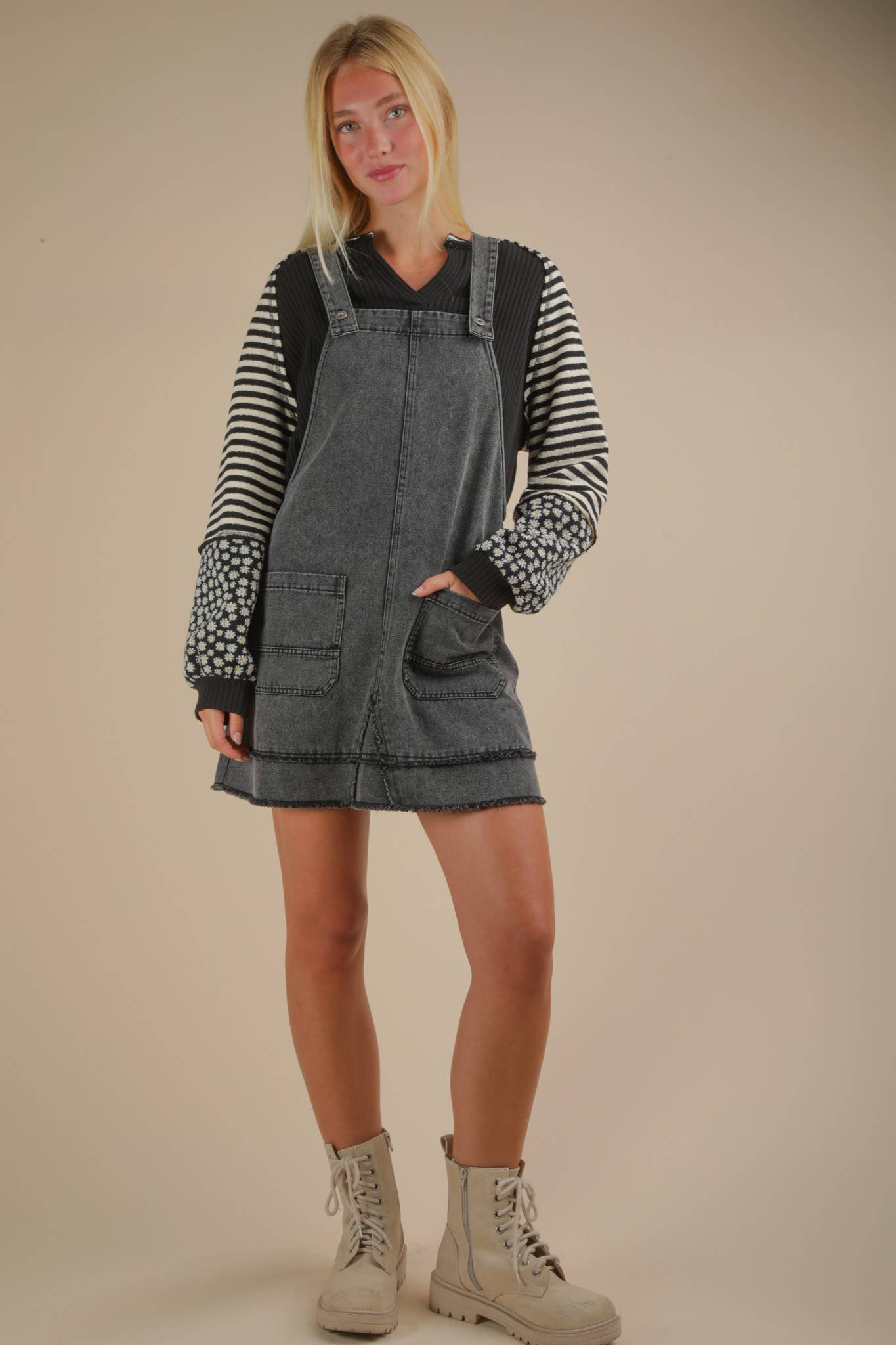 ND31791-Washed Denim Overall Mini Dress