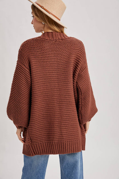 CHUNKY CABLE LANTERN SLEEVE CARDIGAN