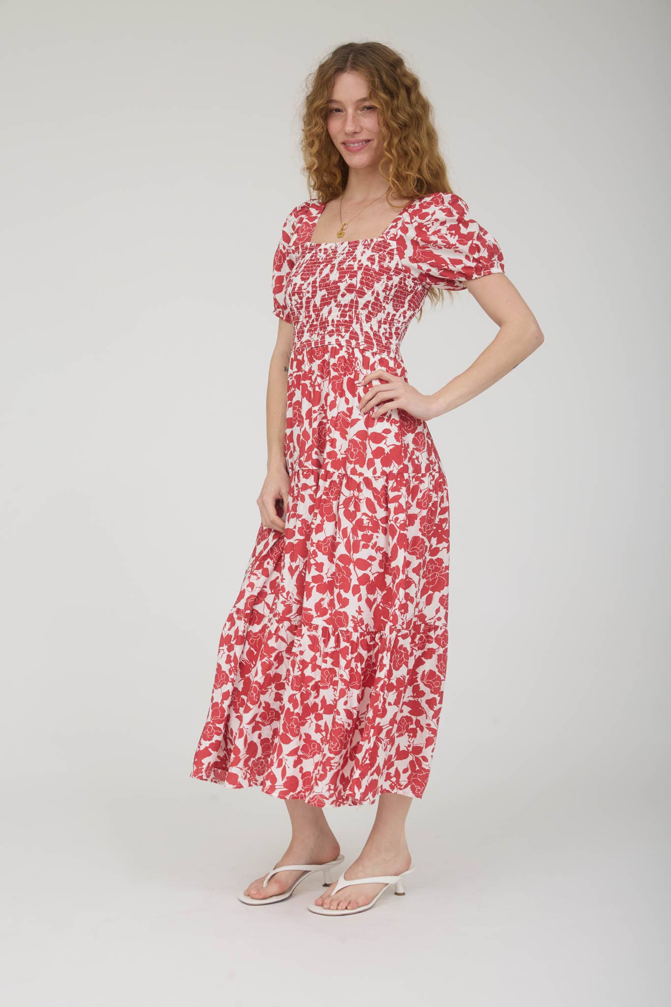 FLORAL PUFF SLEEVE SMOCKED TIERED MIDI DRESS