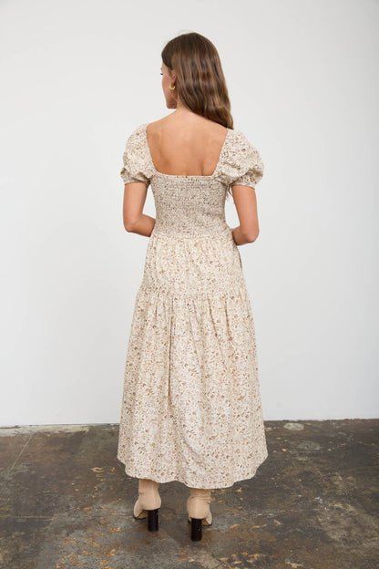 FLORAL SMOCKED SQUARE NECK PUFF SLEEVE MIDI DRESS