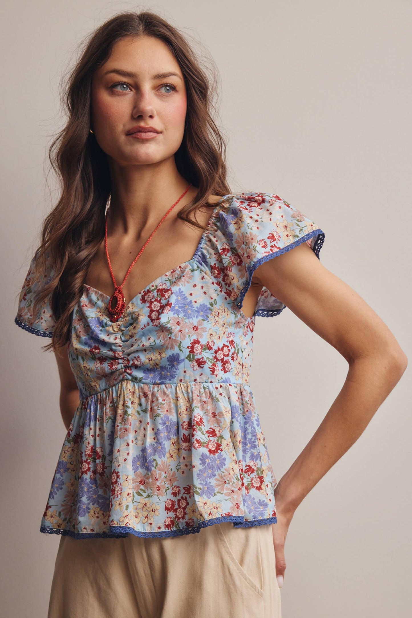 Floral Ruched Peplum Cotton Top FT0046