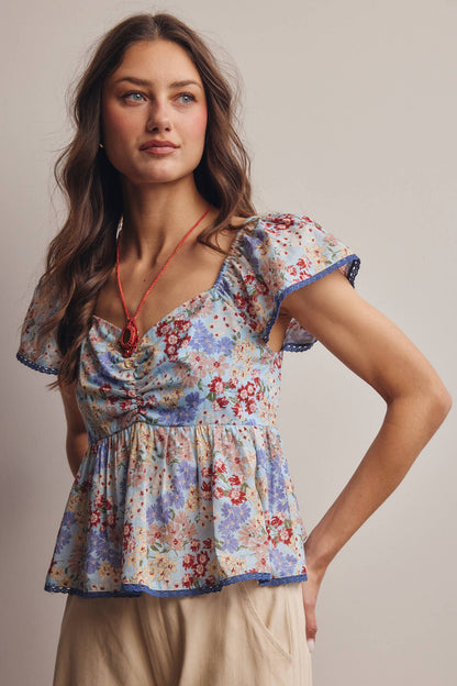 Floral Ruched Peplum Cotton Top FT0046