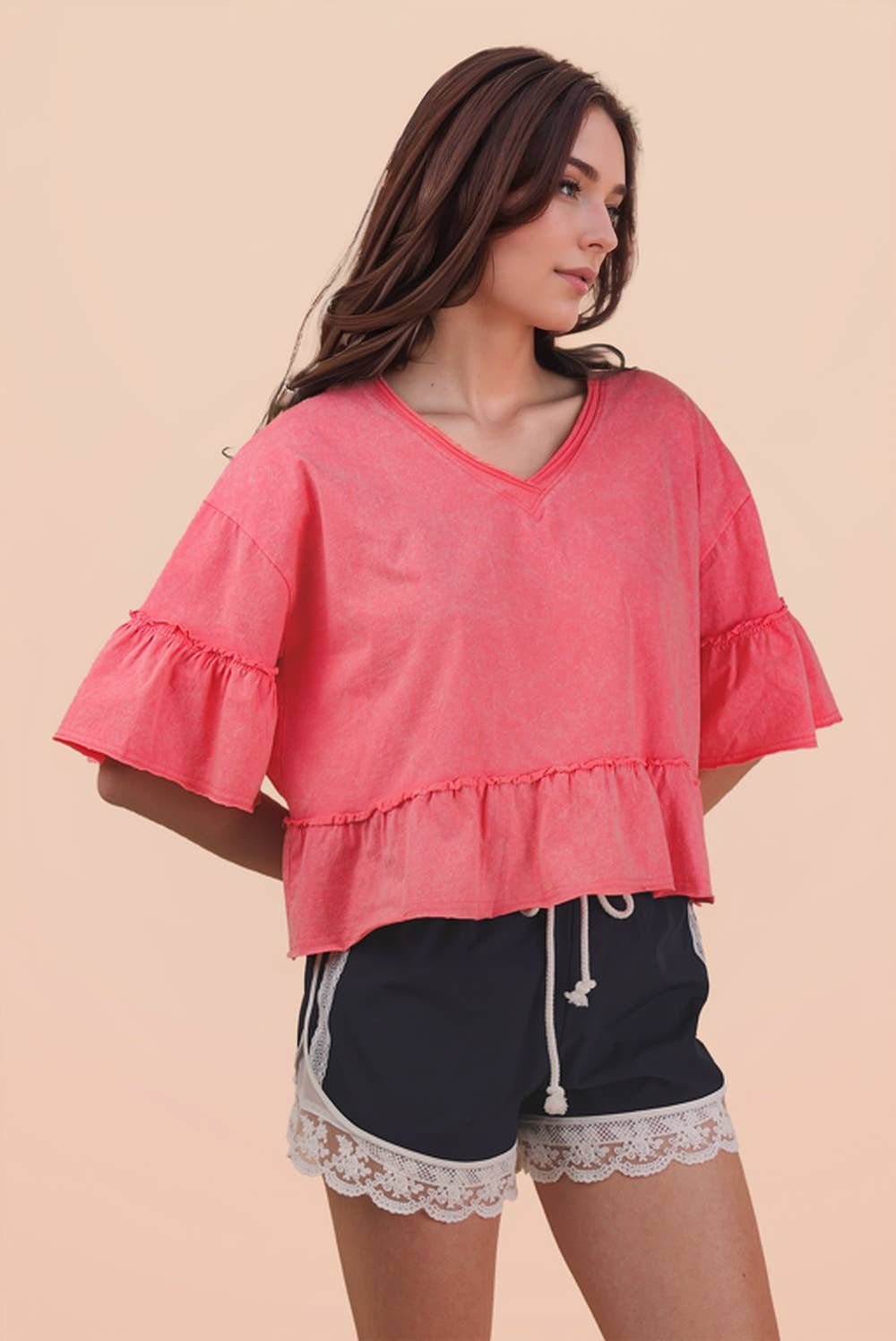 NT12430-Mineral Washed Ruffle Detail Knit Top