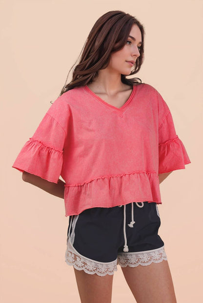 NT12430-Mineral Washed Ruffle Detail Knit Top