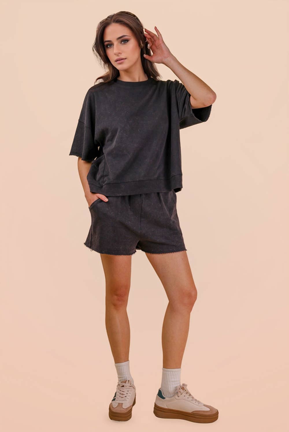 NT12429SET-Mineral Washed Knit Casual Top & Shorts