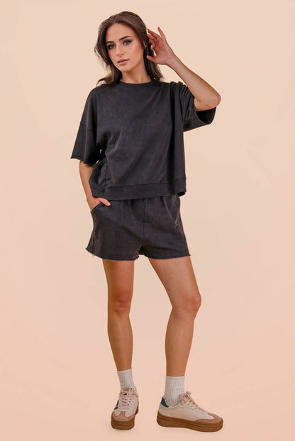 NT12429SET-Mineral Washed Knit Casual Top & Shorts