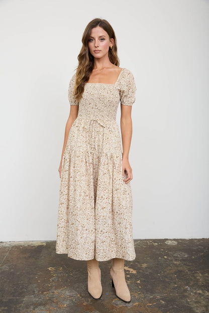 FLORAL SMOCKED SQUARE NECK PUFF SLEEVE MIDI DRESS