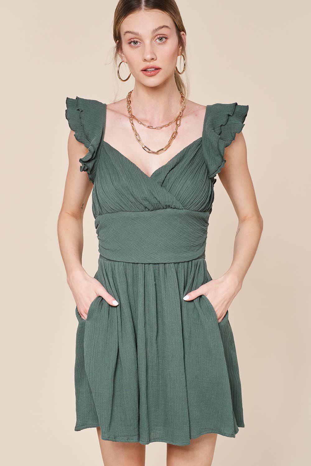 Flutter Sleeve Surplice Mini Dress LD1017
