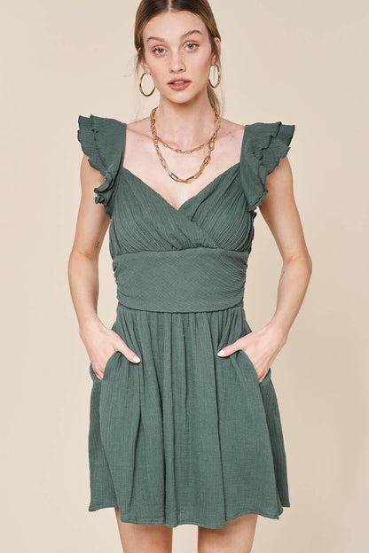 Flutter Sleeve Surplice Mini Dress LD1017