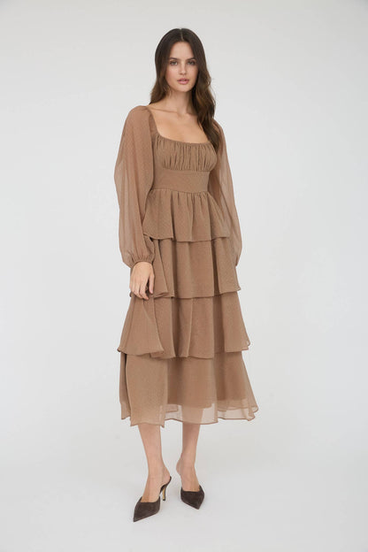 LUREX RUFFLE TIERED LONG SLEEVE MIDI DRESS