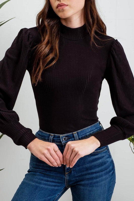 MOCK NECK LONG SLEEVE BACK BUTTON KNIT TOP