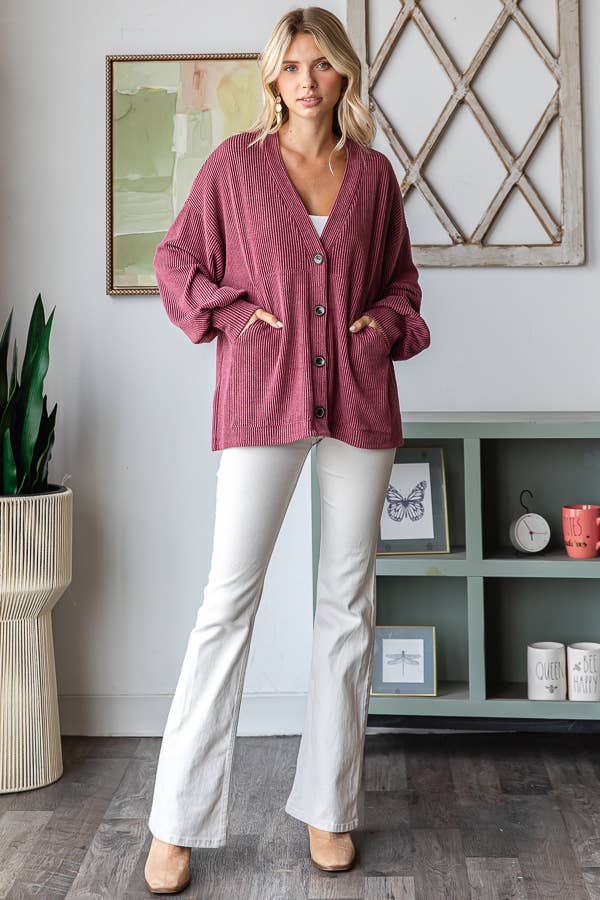 Solid Rib Drop Shoulder Button Balloon Sleeve Cardigan T5745