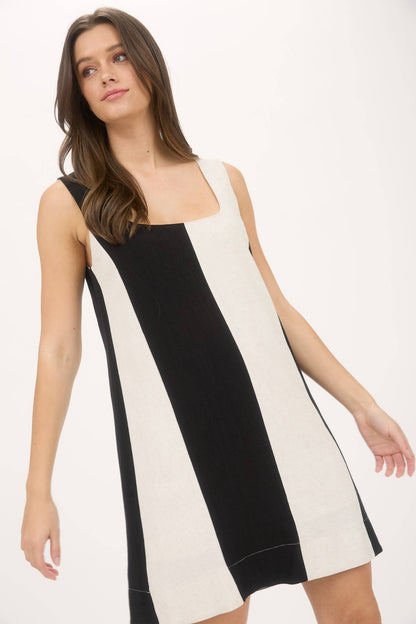 WIDE STRIPE SLEEVELESS LINEN MINI DRESS