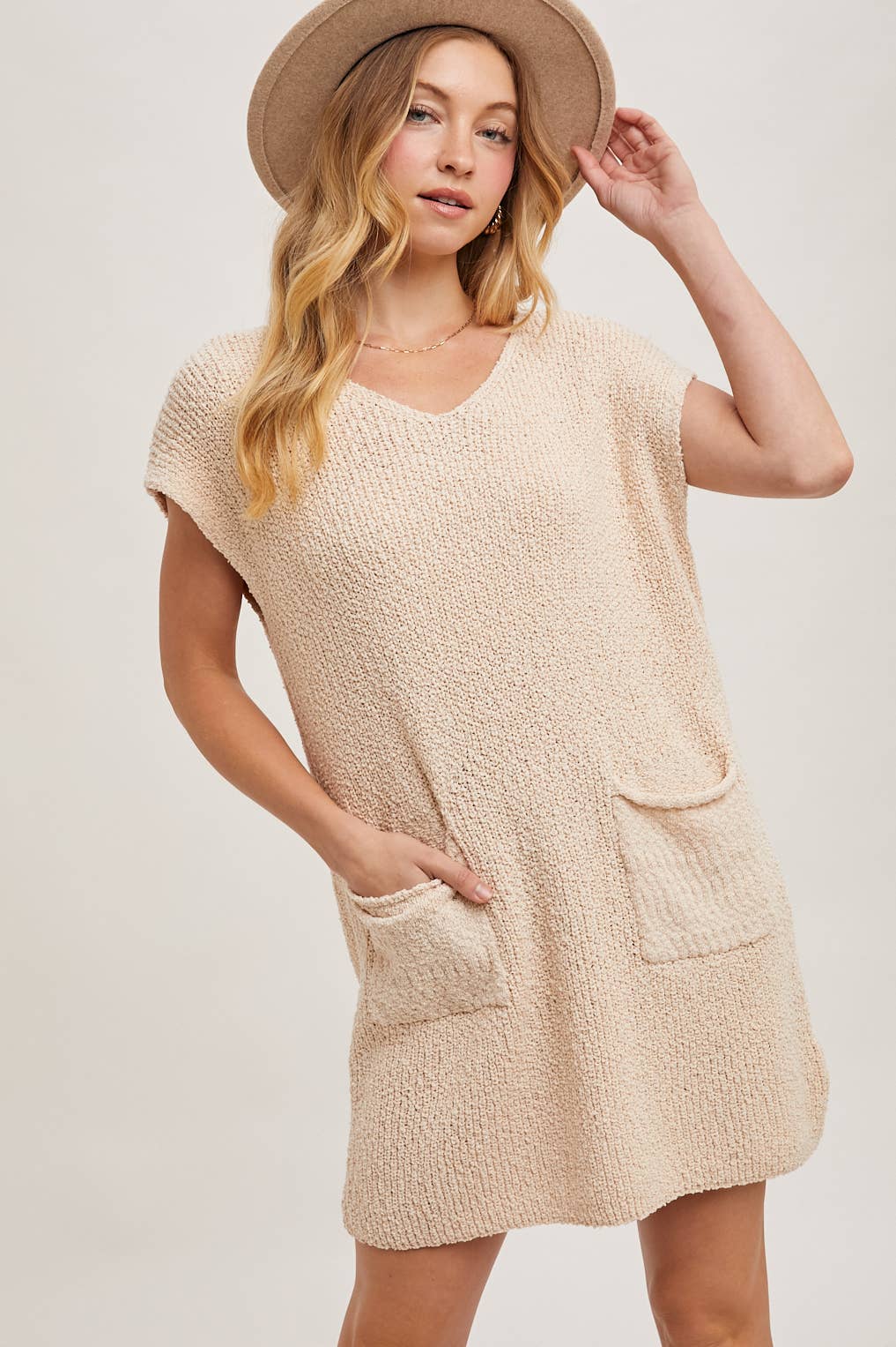 V-NECK KNIT SWEATER DRESS WITH POCKETS