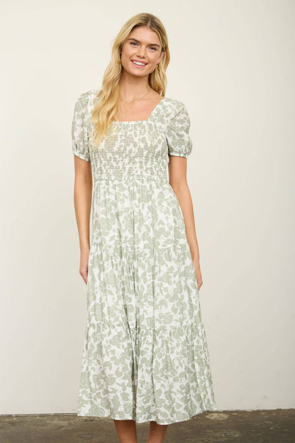 FLORAL PUFF SLEEVE SMOCKED TIERED MIDI DRESS
