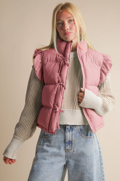 NJ90385-Front Bow Ruffle Sleeve Puffer Vest