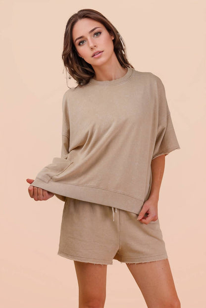 NT12429SET-Mineral Washed Knit Casual Top & Shorts
