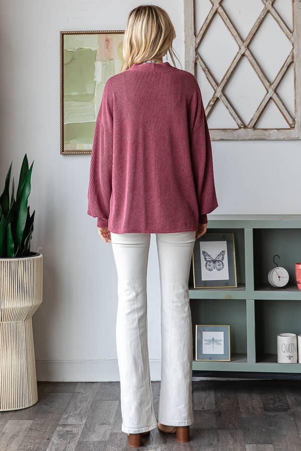 Solid Rib Drop Shoulder Button Balloon Sleeve Cardigan T5745