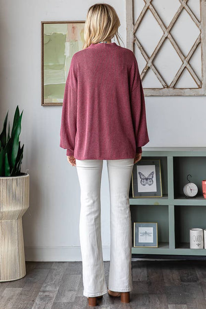 Solid Rib Drop Shoulder Button Balloon Sleeve Cardigan T5745