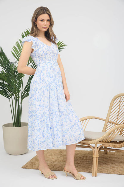 FLORAL V NECK SMOCKED SHORT SLEEVE MIDI DRESS