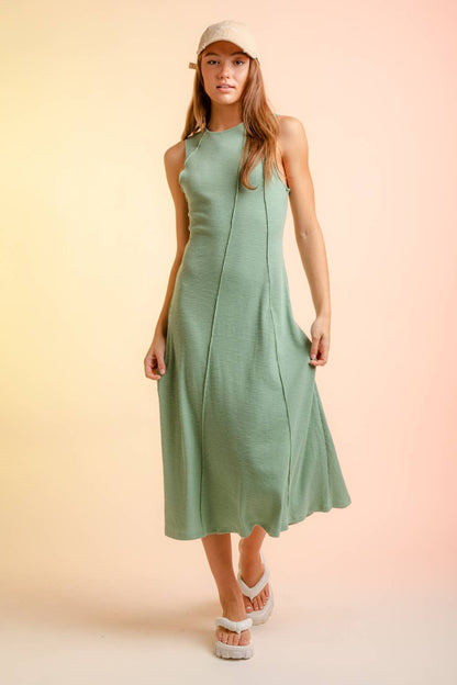 ND30236-Exposed Seam Rib Knit Maxi Dress