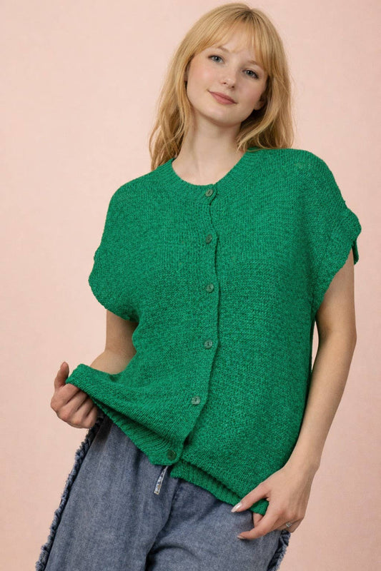 Button Down Solid Knit Sweater Top