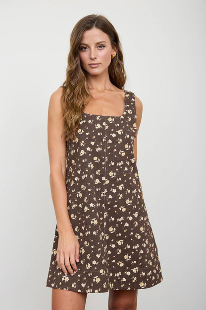FLORAL FRONT SEAM SLEEVELESS DENIM MINI DRESS