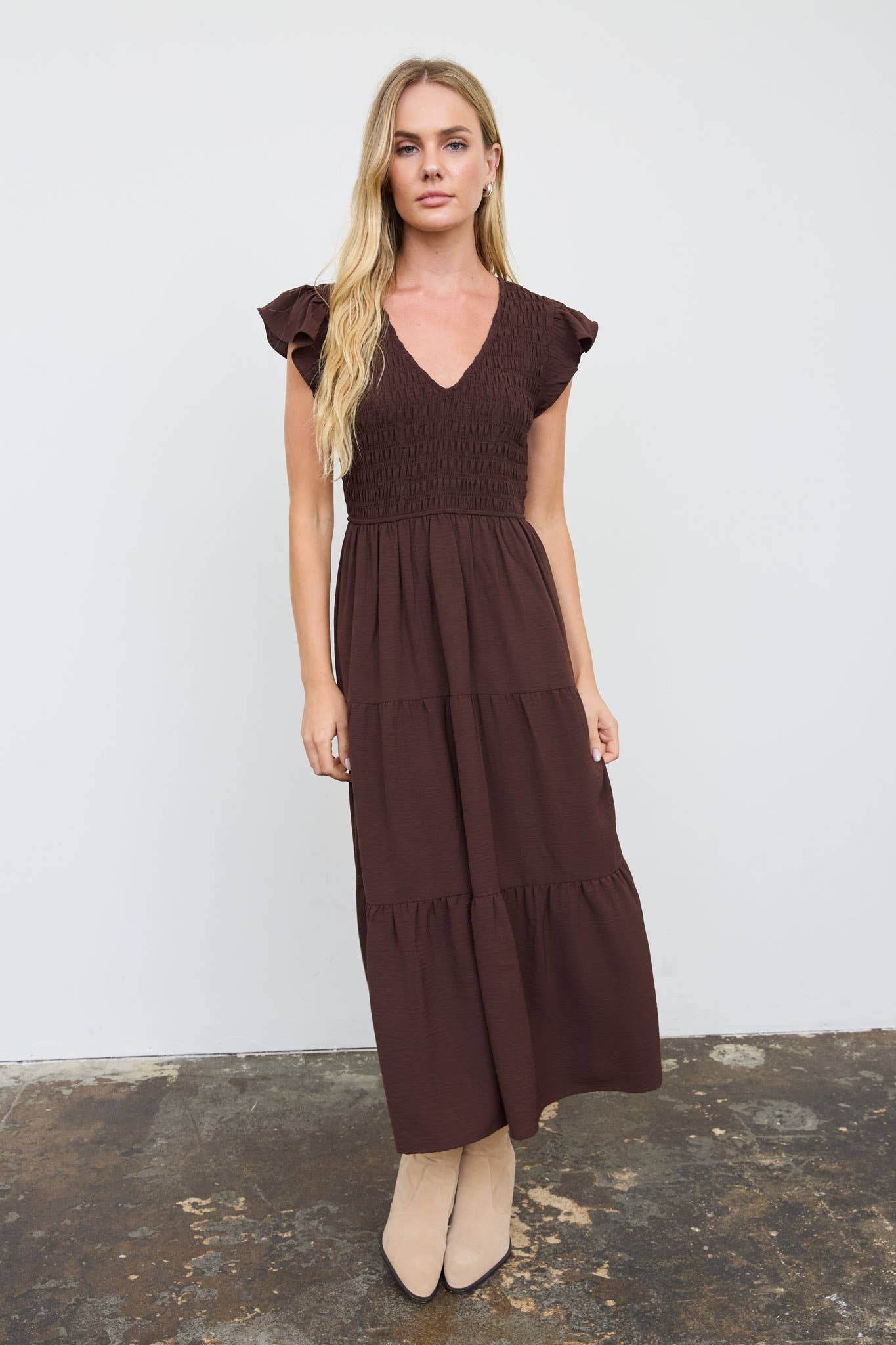 FLUTTER SLEEVE V NECK SMOCKED MIDI DRESS