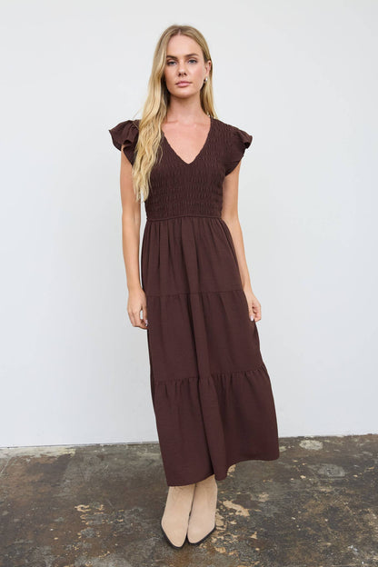 FLUTTER SLEEVE V NECK SMOCKED MIDI DRESS