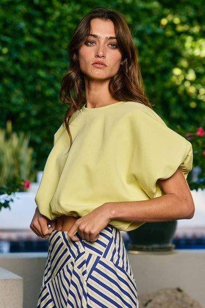 T2304A Scuba Bubble Hem And Sleeve Solid Crop Top
