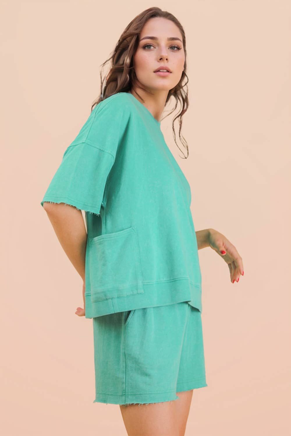 NT12429SET-Mineral Washed Knit Casual Top & Shorts