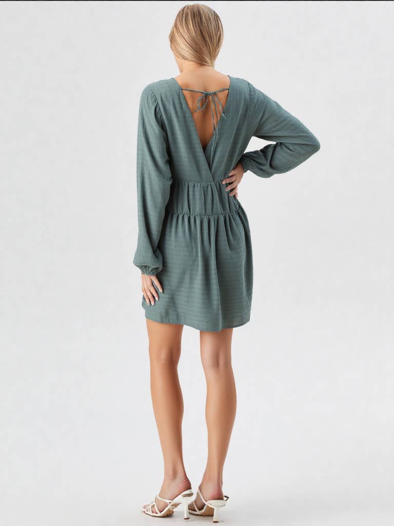 ND30996-Textured Woven Mini Dress W/ Back Tie