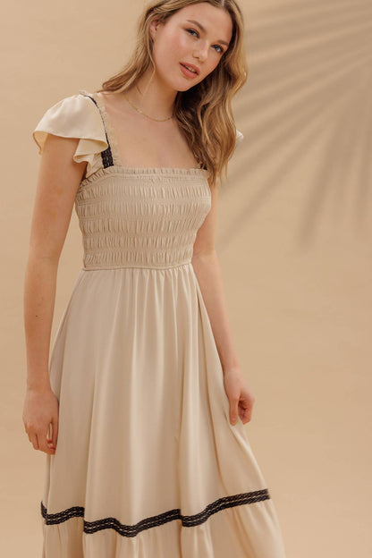 CONTRAST DETAIL SMOCKED RUFFLE MIDI DRESS