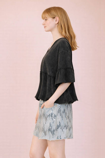 NT12430-Mineral Washed Ruffle Detail Knit Top