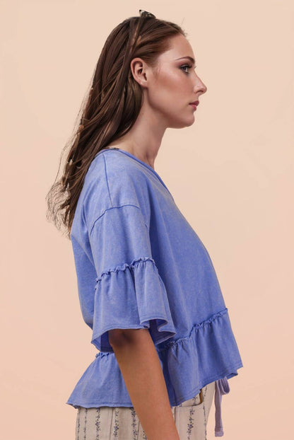 NT12430-Mineral Washed Ruffle Detail Knit Top