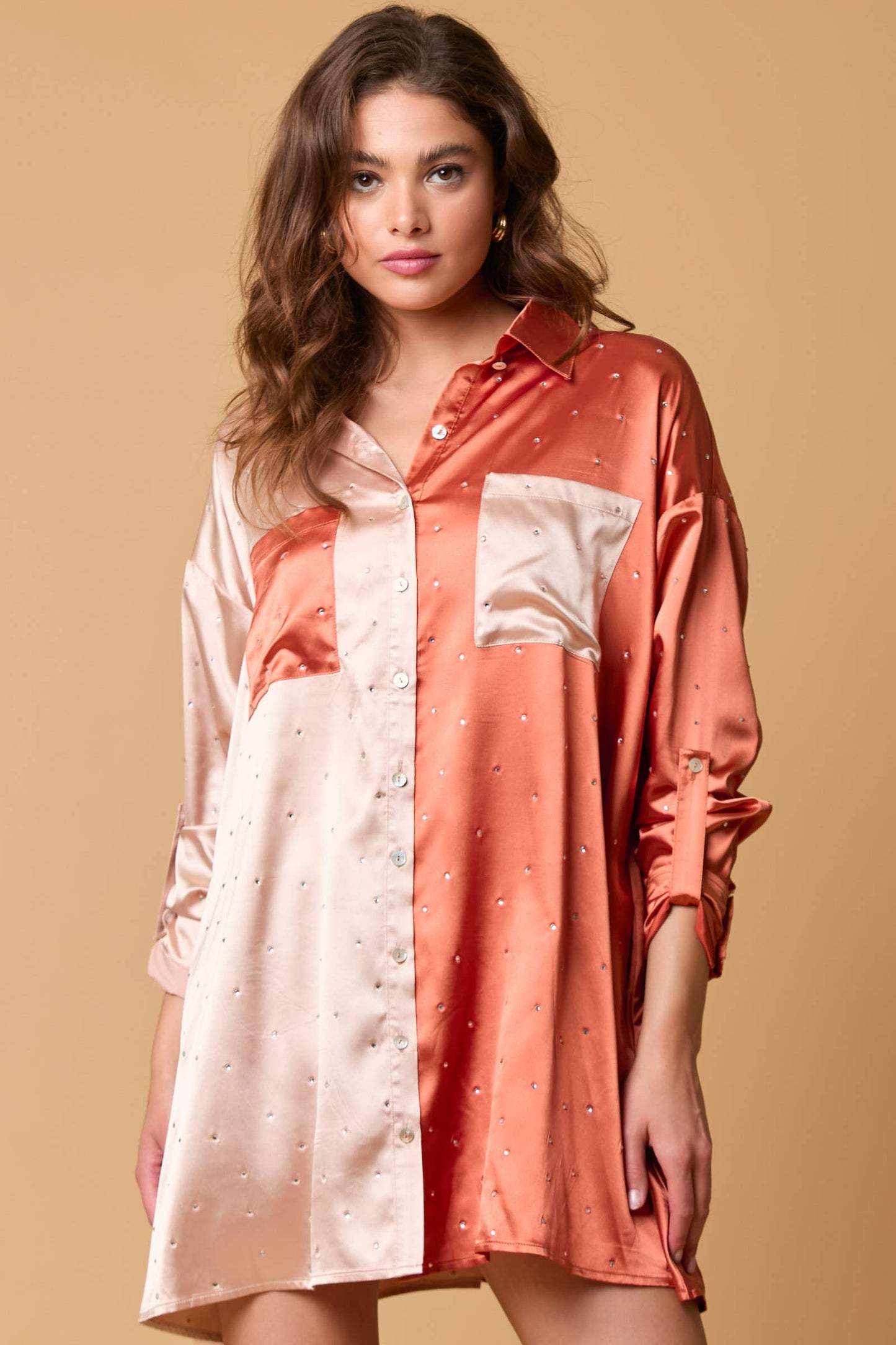 Satin Rhinestone Embellished Shirt Dress