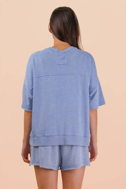 NT12429SET-Mineral Washed Knit Casual Top & Shorts