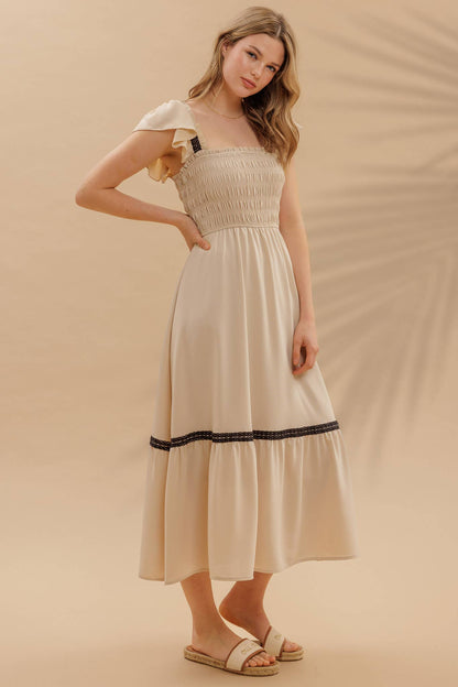 CONTRAST DETAIL SMOCKED RUFFLE MIDI DRESS