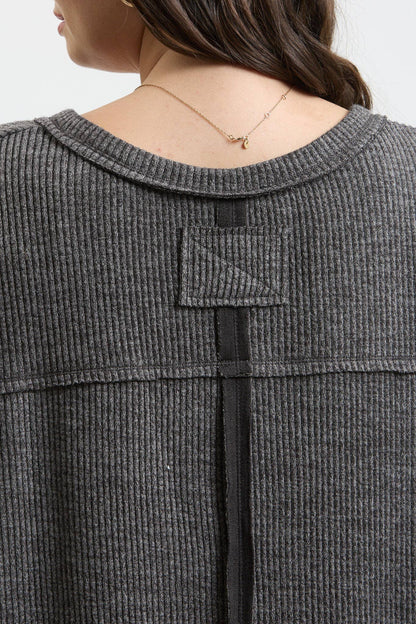 PLUS V NECK ASYMMETRICAL HEM LONG SLEEVE KNIT TOP