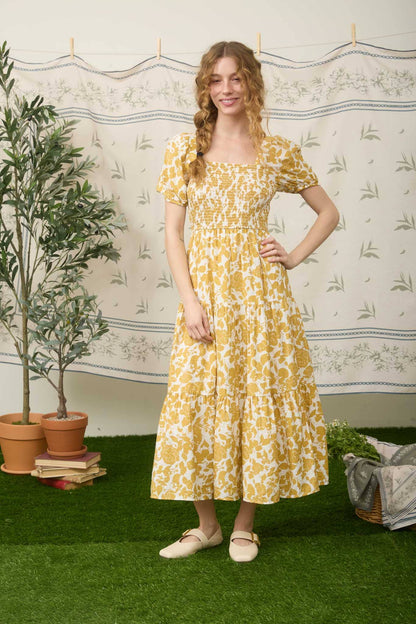 FLORAL PUFF SLEEVE SMOCKED TIERED MIDI DRESS