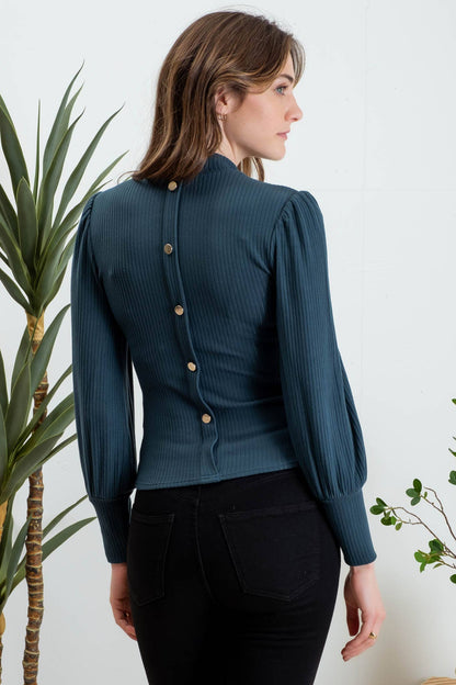 MOCK NECK LONG SLEEVE BACK BUTTON KNIT TOP