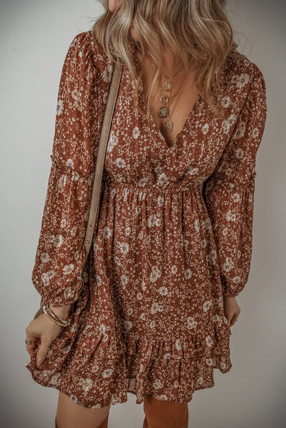 LDC Boho Floral Ruffled Puff Sleeve V Neck Mini Dress