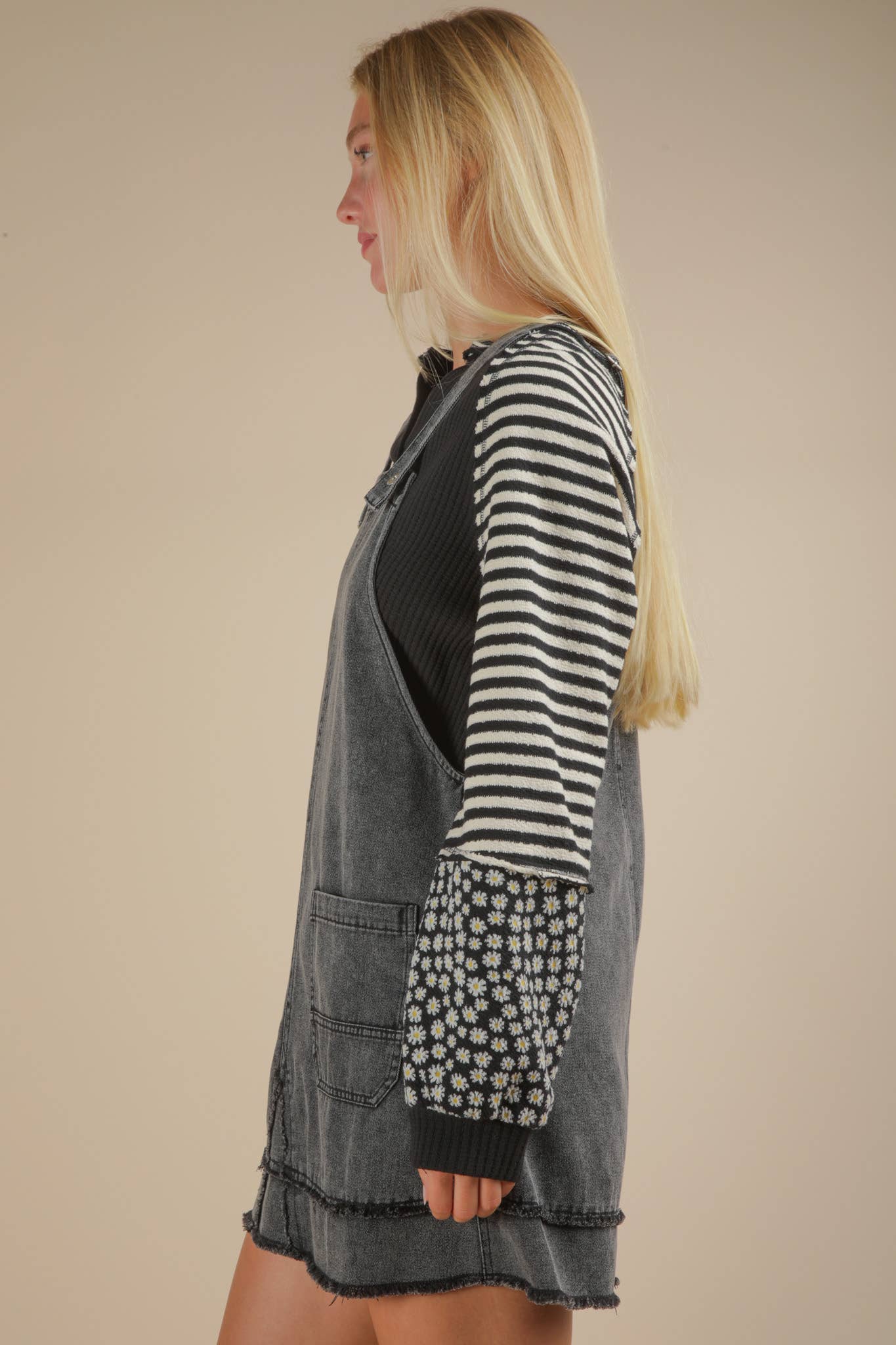 ND31791-Washed Denim Overall Mini Dress