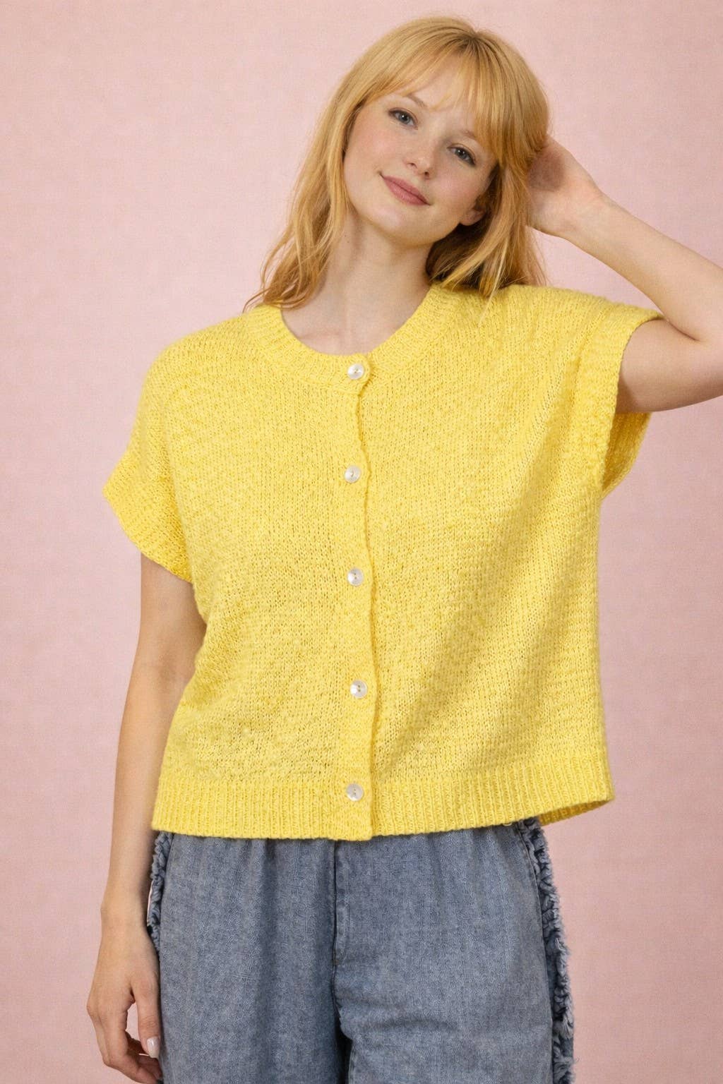 12W3653N-Button Down Solid Knit Summer Sweater Top