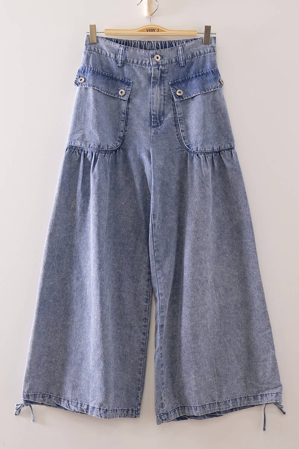NP71154-Washed Denim Flap Pocket Wide Leg Pants